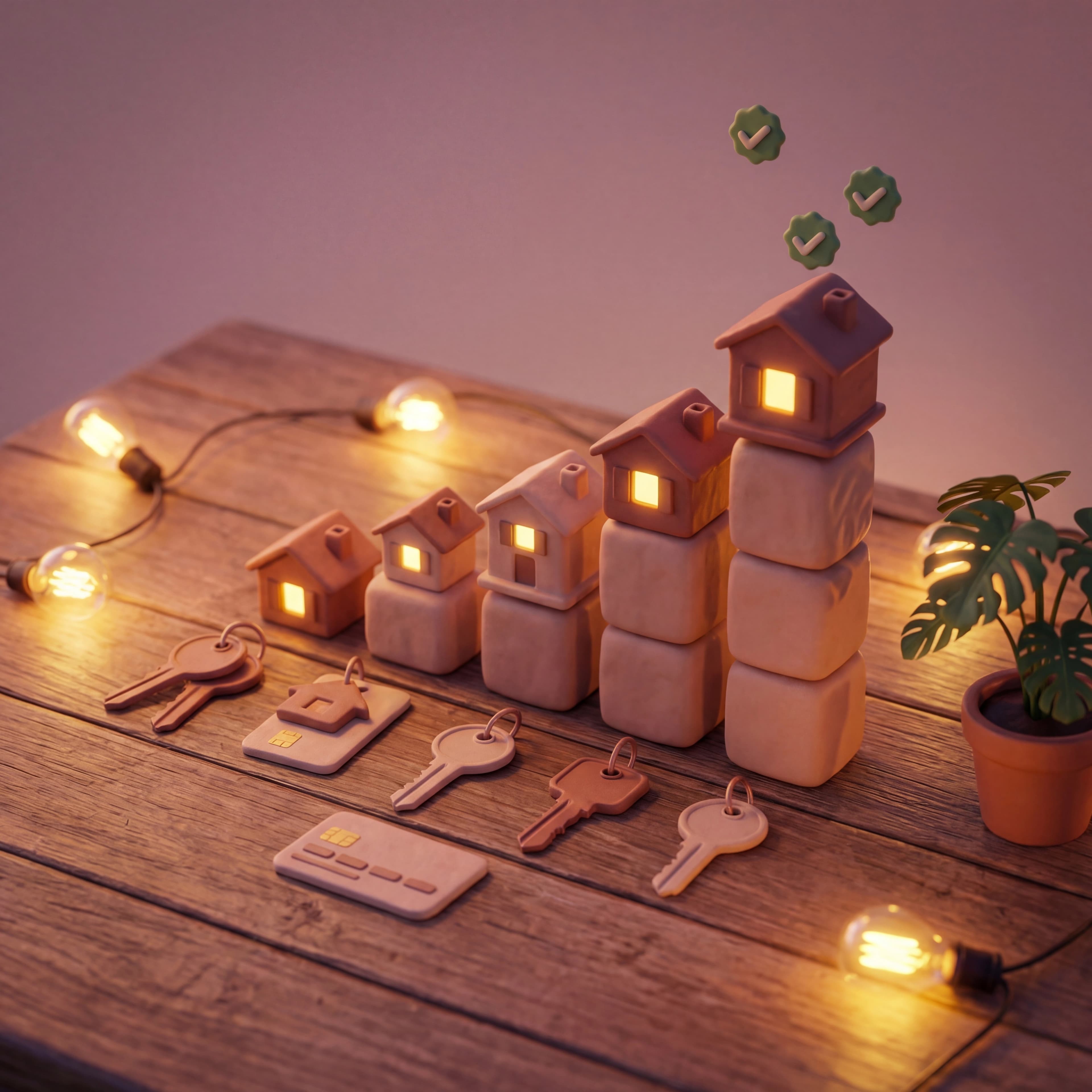 Miniature houses stacking up like a growth chart